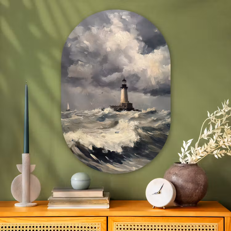Vuurtoren - Golven - Storm Wandcirkel Ovaal Glas middel -sfeer2