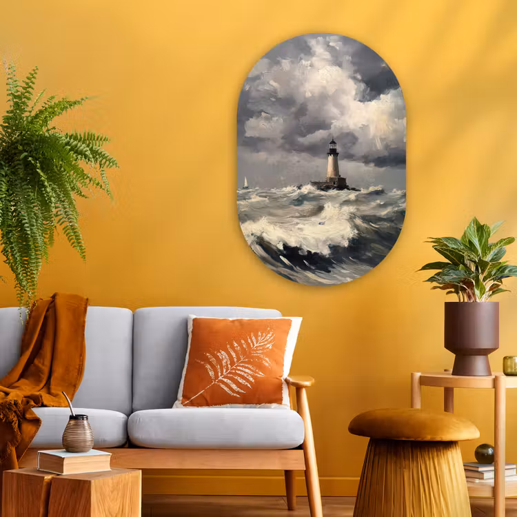Vuurtoren - Golven - Storm Wandcirkel Ovaal Glas middel -sfeer4