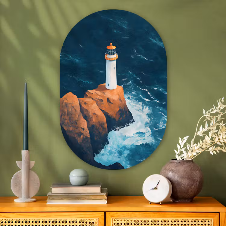 Vuurtoren - Rots - Zee - Golven Wandcirkel Ovaal Glas middel -sfeer2