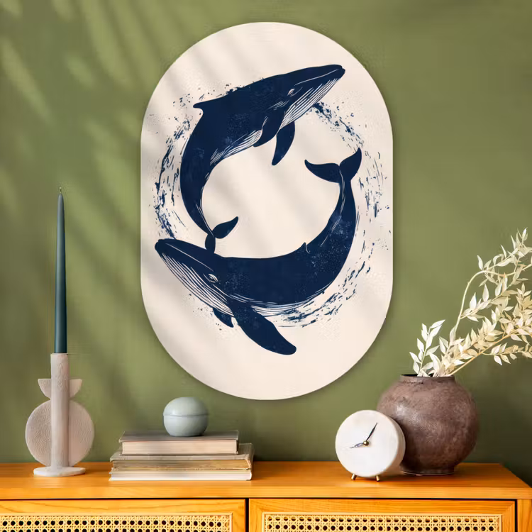 Walvissen - Spetters - Cirkel - Donkerblauw Wandcirkel Ovaal Glas middel -sfeer2