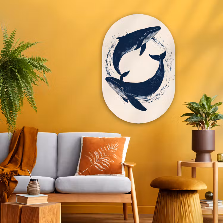 Walvissen - Spetters - Cirkel - Donkerblauw Wandcirkel Ovaal Glas middel -sfeer4