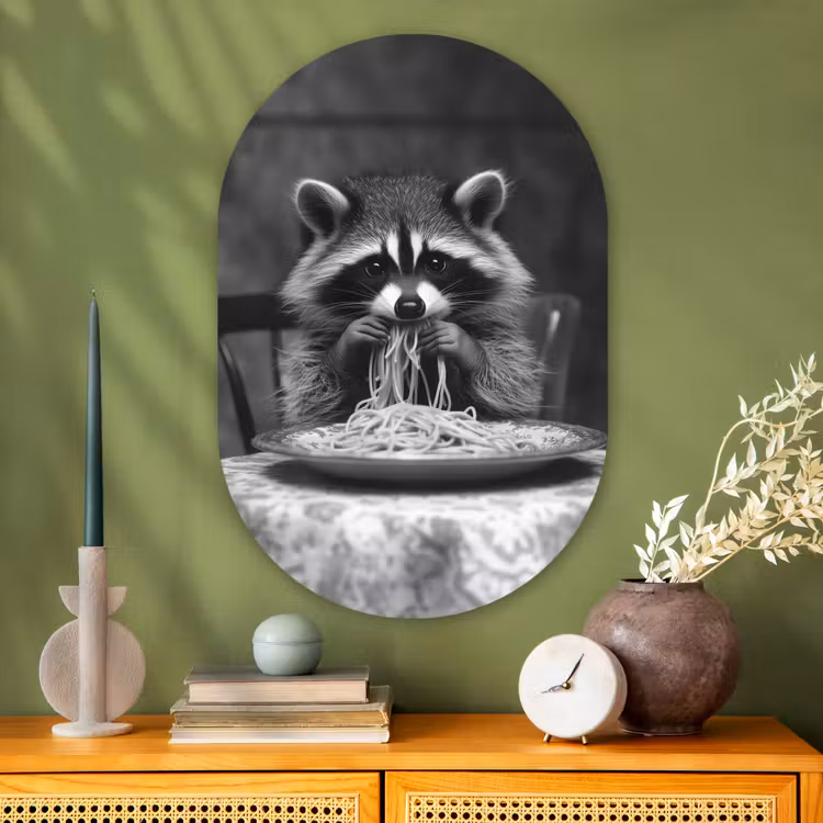 Wasbeer - Cute - Pasta - Tafelkleed - Zwart - Wit Wandcirkel Ovaal Glas middel -sfeer2