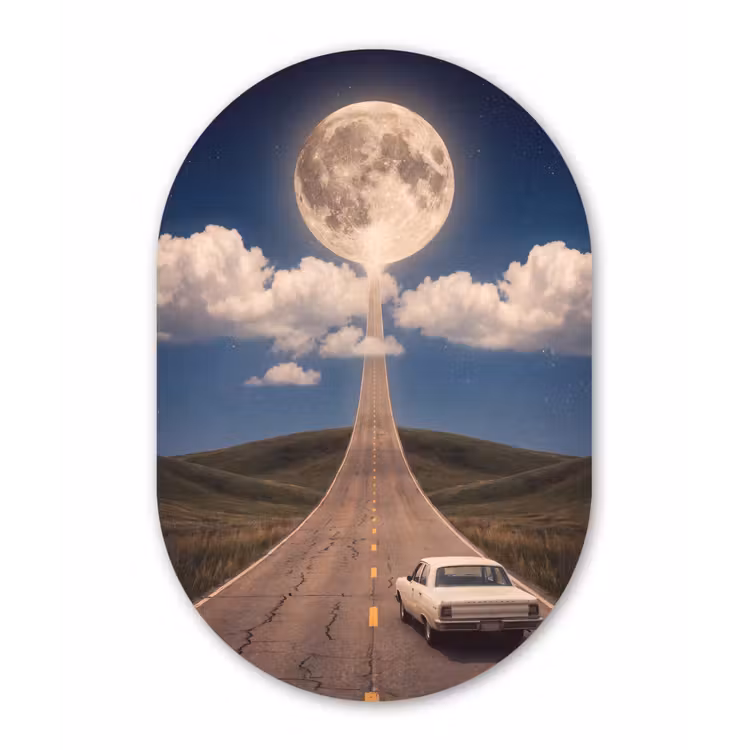 Muurovaal glas - Weg - Maan - Nacht - Weg - Maan - Nacht Wandcirkel Ovaal Glas middel