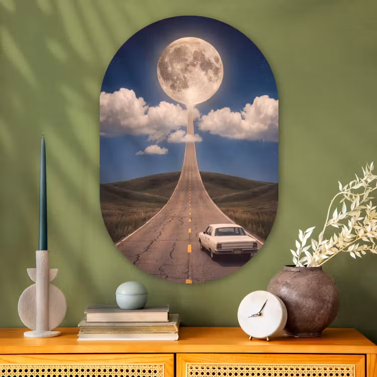 Muurovaal glas - Weg - Maan - Nacht - Weg - Maan - Nacht Wandcirkel Ovaal Glas middel