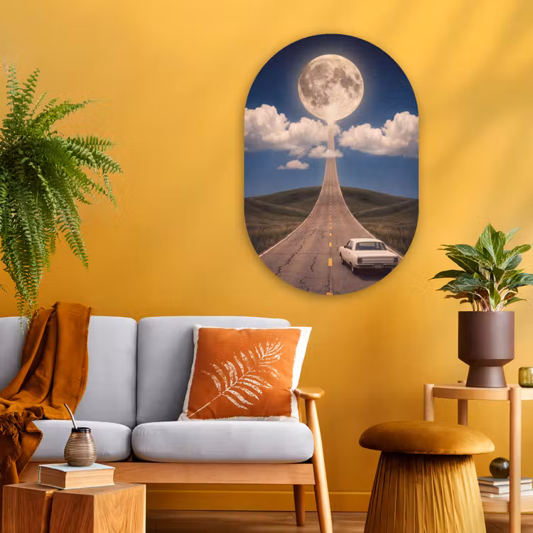 Muurovaal glas - Weg - Maan - Nacht - Weg - Maan - Nacht Wandcirkel Ovaal Glas middel