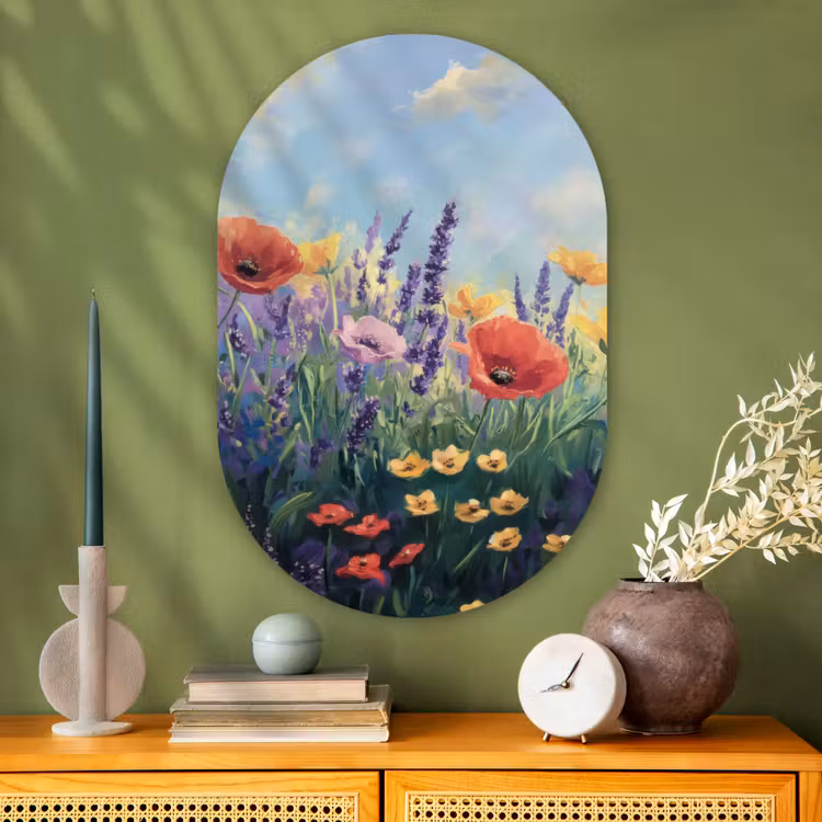 Weide - Bloemen - Kleurrijk Wandcirkel Ovaal Glas middel -sfeer2