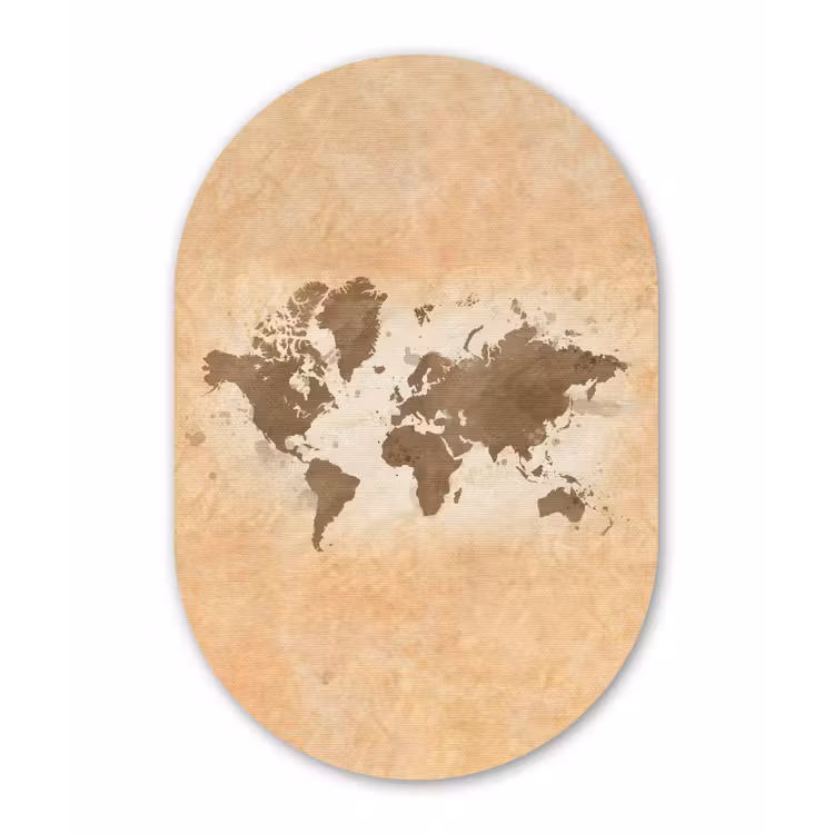 Wereldkaart - Beige - Bruin Wandcirkel Ovaal Glas middel -3d