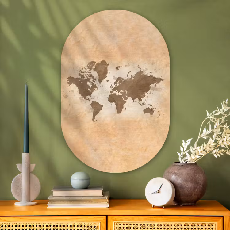 Wereldkaart - Beige - Bruin Wandcirkel Ovaal Glas middel -sfeer2