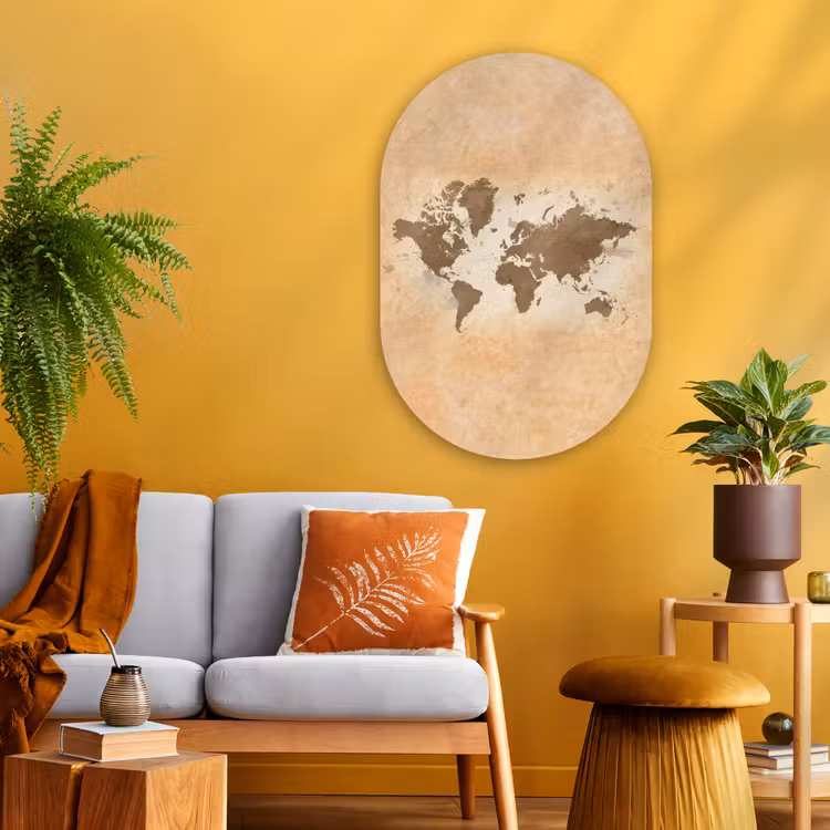 Wereldkaart - Beige - Bruin Wandcirkel Ovaal Glas middel -sfeer4