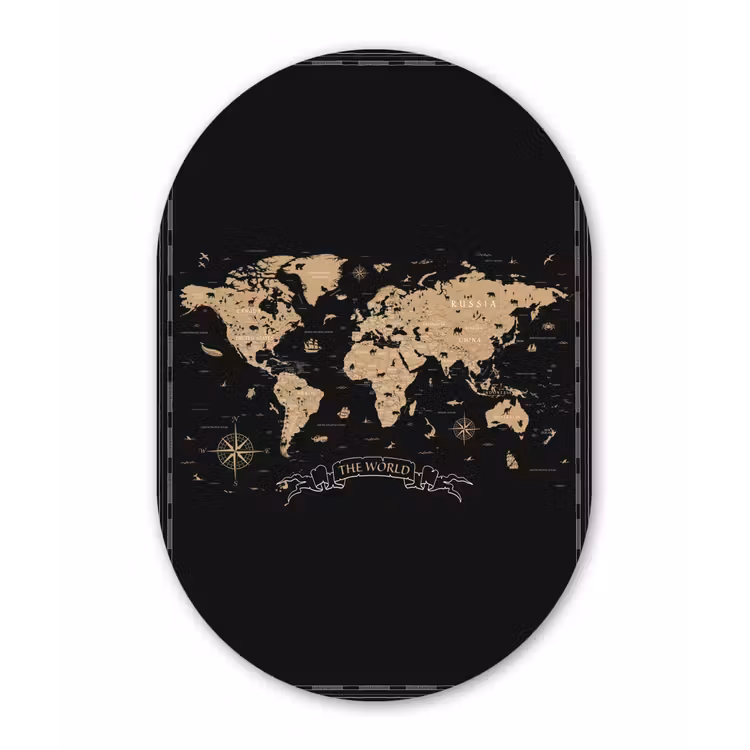 Wereldkaart - Beige - Zwart Wandcirkel Ovaal Glas middel -3d