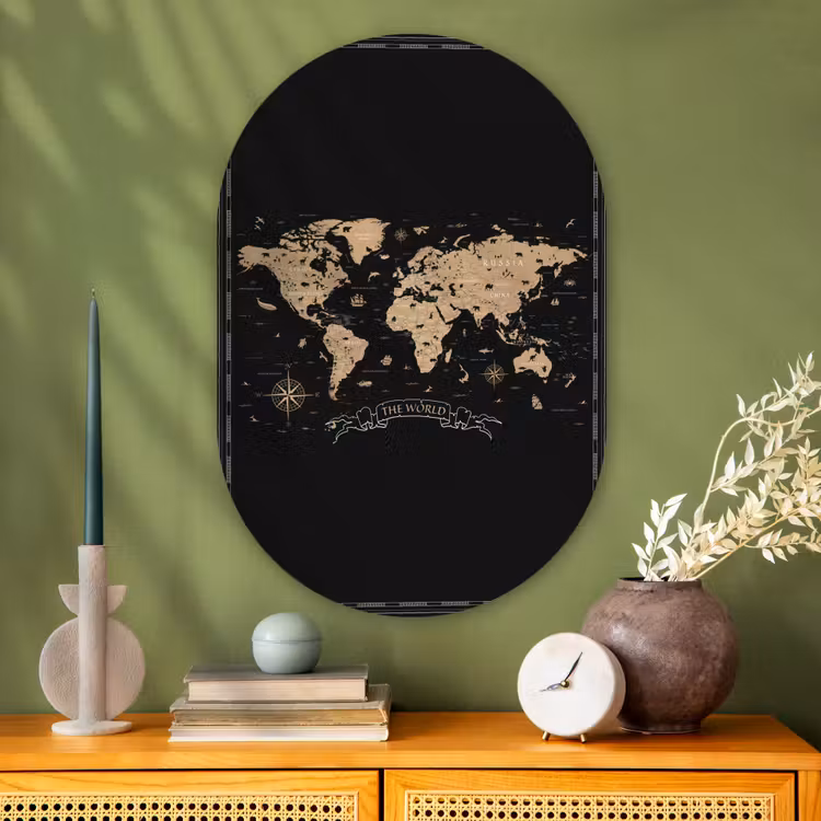 Wereldkaart - Beige - Zwart Wandcirkel Ovaal Glas middel -sfeer2