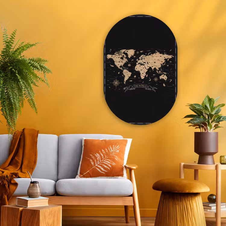 Wereldkaart - Beige - Zwart Wandcirkel Ovaal Glas middel -sfeer4