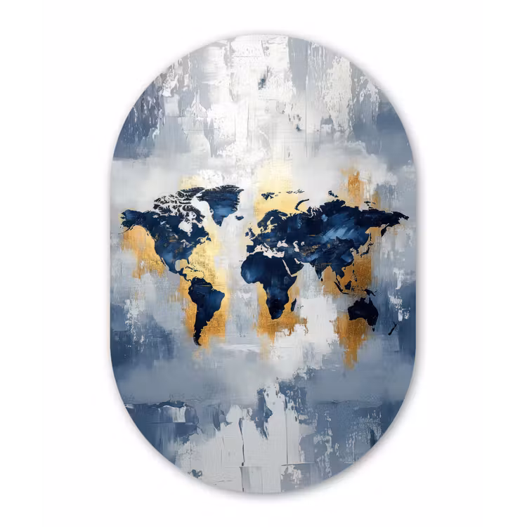 Wereldkaart - Blauw - Abstract Wandcirkel Ovaal Glas middel -3d