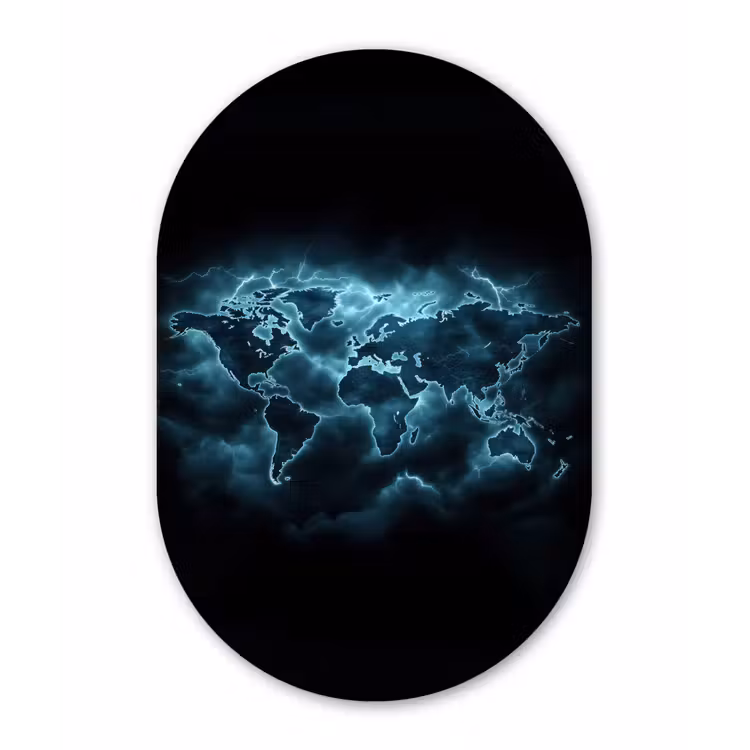 Wereldkaart - Bliksem - Blauw Wandcirkel Ovaal Glas middel -3d