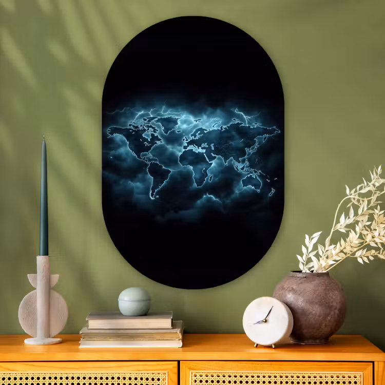 Wereldkaart - Bliksem - Blauw Wandcirkel Ovaal Glas middel -sfeer2