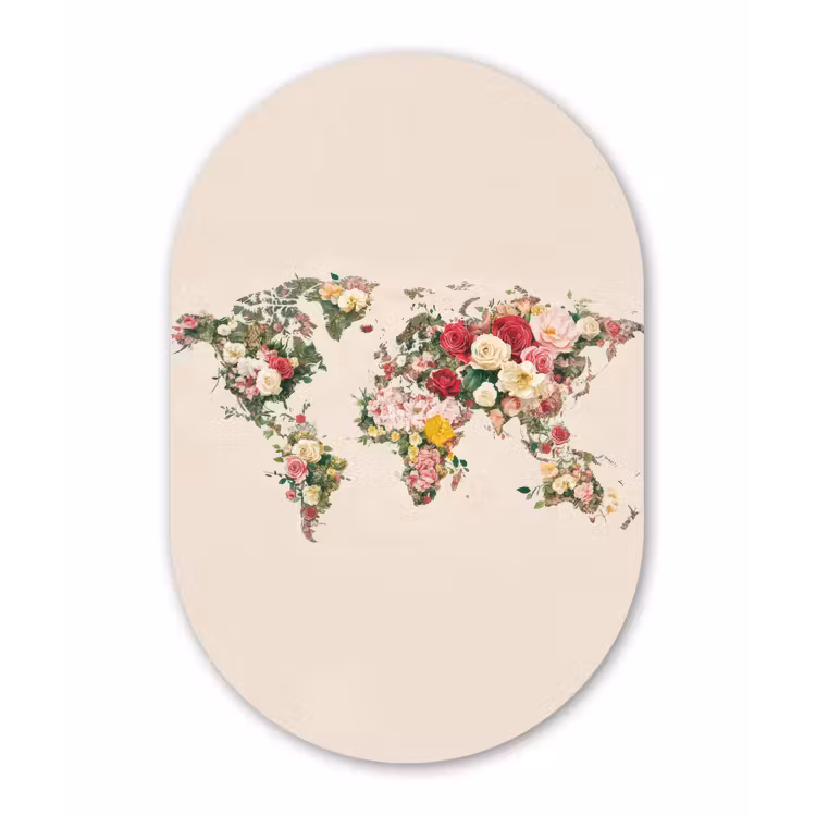 Wereldkaart - Bloemen - Roze Wandcirkel Ovaal Glas middel -3d