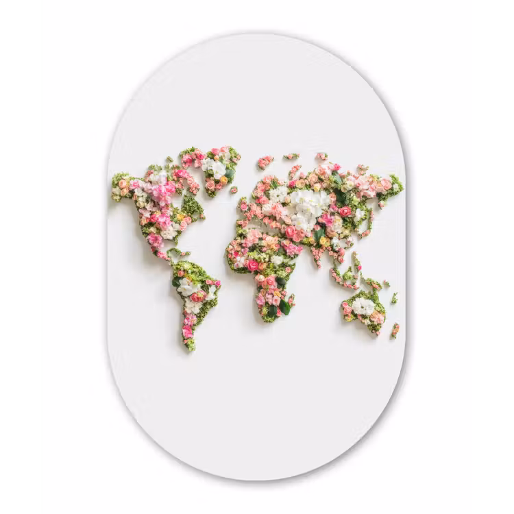 Wereldkaart - Bloemen - Subtiel Wandcirkel Ovaal Glas middel -3d