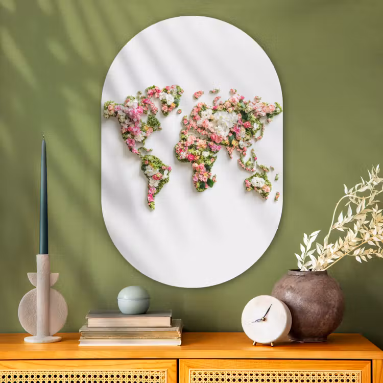 Wereldkaart - Bloemen - Subtiel Wandcirkel Ovaal Glas middel -sfeer2
