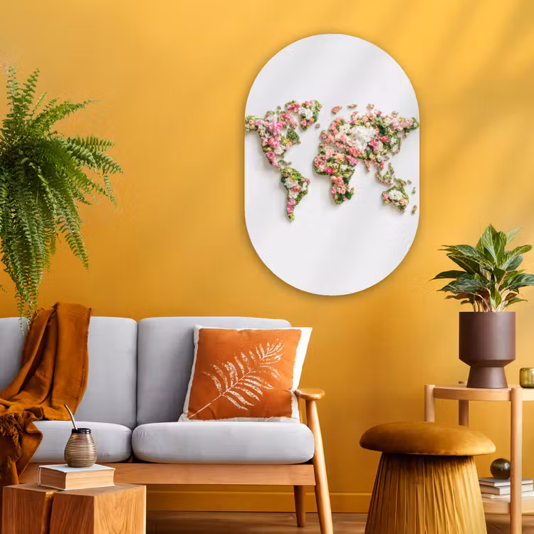Wereldkaart - Bloemen - Subtiel Wandcirkel Ovaal Glas middel -sfeer4