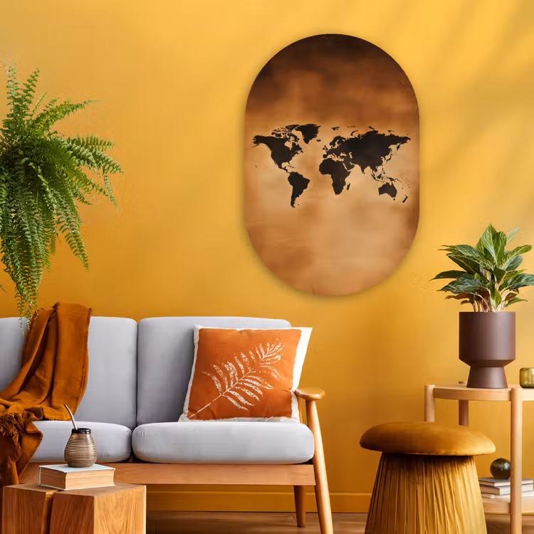 Wereldkaart - Bruin - Kaart Wandcirkel Ovaal Glas middel -sfeer4