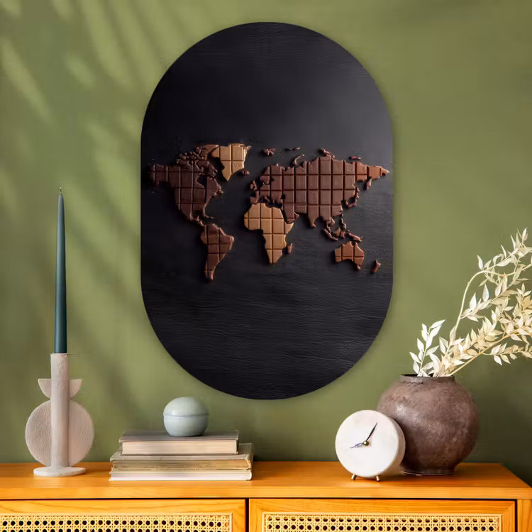 Wereldkaart - chocola - Smakelijke uitstraling Wandcirkel Ovaal Glas middel -sfeer2