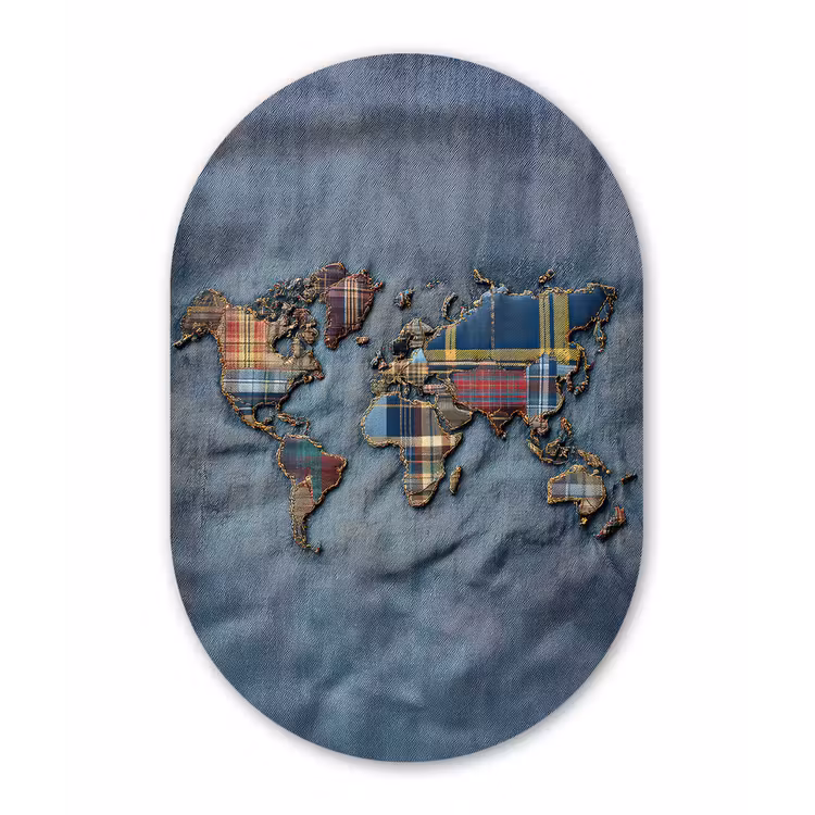 Wereldkaart - Denim - Textiel Wandcirkel Ovaal Glas middel -3d