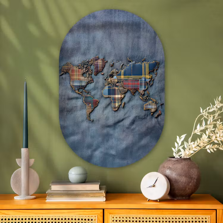 Wereldkaart - Denim - Textiel Wandcirkel Ovaal Glas middel -sfeer2