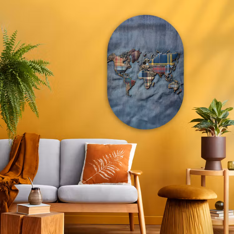 Wereldkaart - Denim - Textiel Wandcirkel Ovaal Glas middel -sfeer4