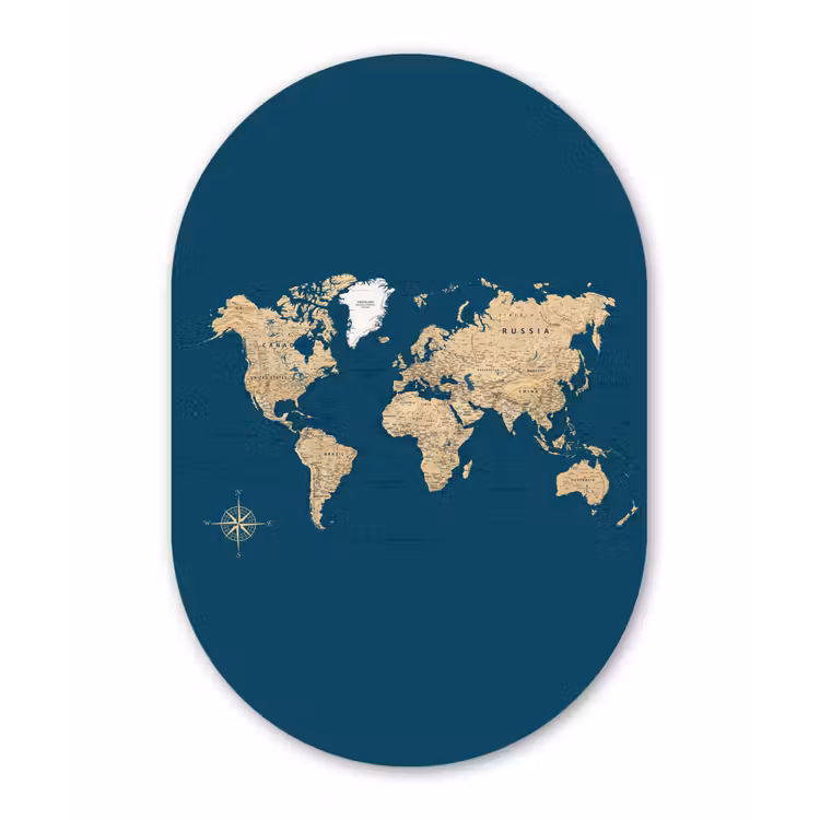 Wereldkaart - Donkerblauw - Beige Wandcirkel Ovaal Glas middel -3d