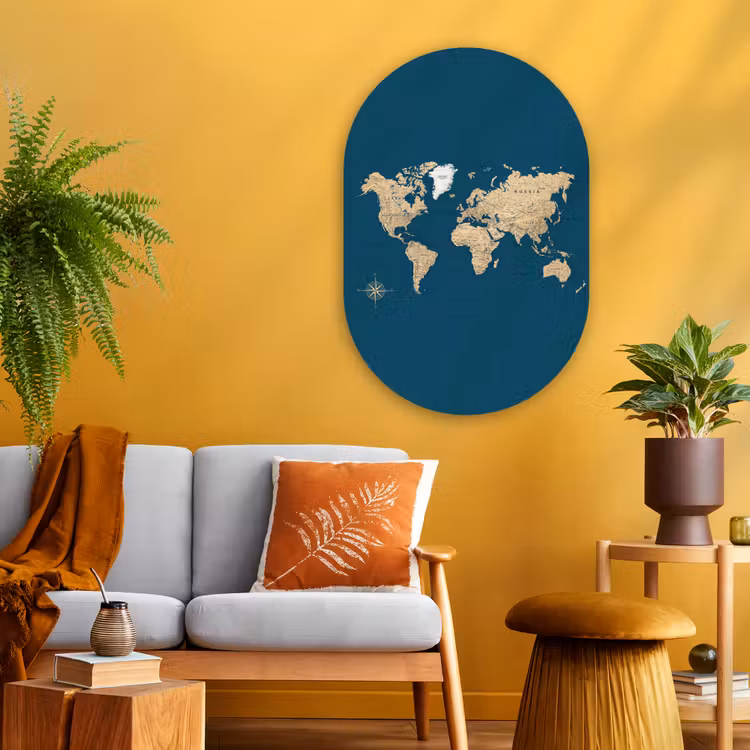 Wereldkaart - Donkerblauw - Beige Wandcirkel Ovaal Glas middel -sfeer4