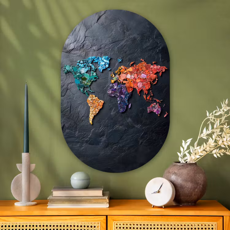 Wereldkaart - Edelstenen - Regenboog - Ruw Wandcirkel Ovaal Glas middel -sfeer2