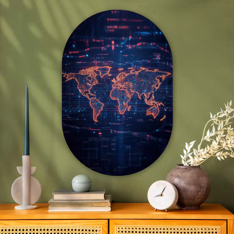 Wereldkaart - Futuristisch - Oranje Wandcirkel Ovaal Glas middel -sfeer2