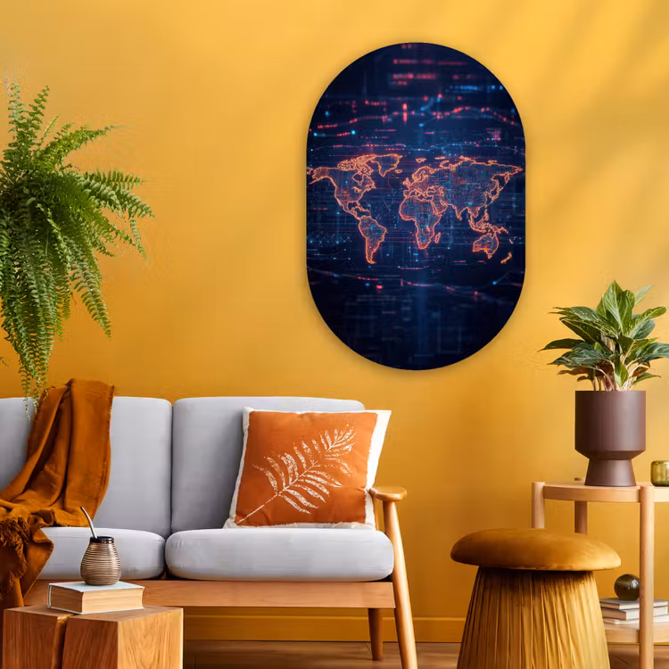 Wereldkaart - Futuristisch - Oranje Wandcirkel Ovaal Glas middel -sfeer4