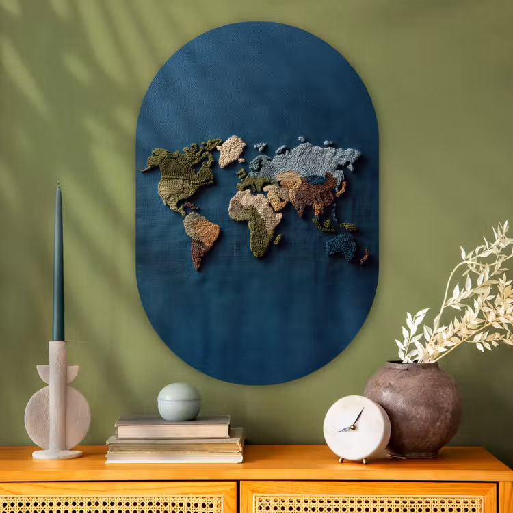 Wereldkaart - Geborduurd - Verschillende tinten Wandcirkel Ovaal Glas middel -sfeer2