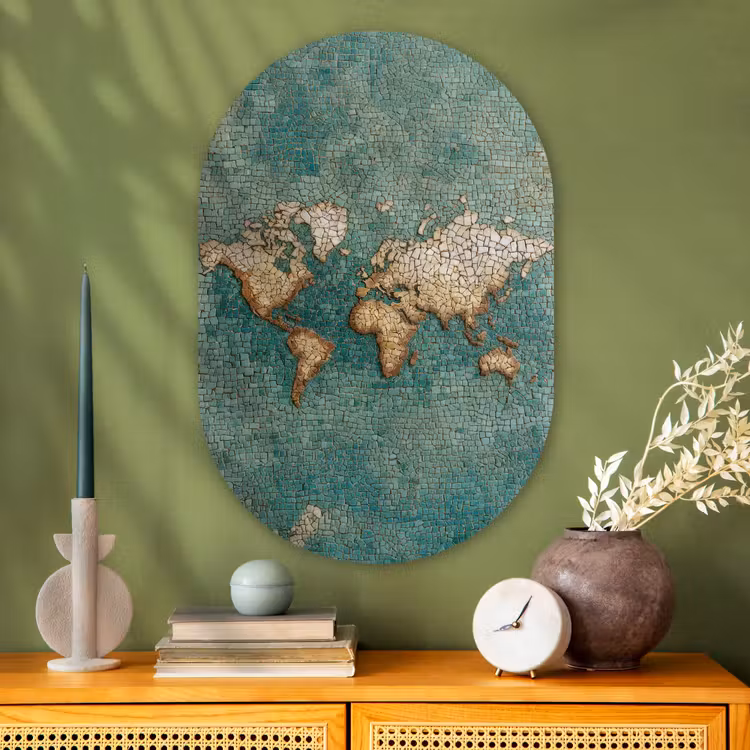 Wereldkaart - Gebroken tegels - Mozaïek Wandcirkel Ovaal Glas middel -sfeer2