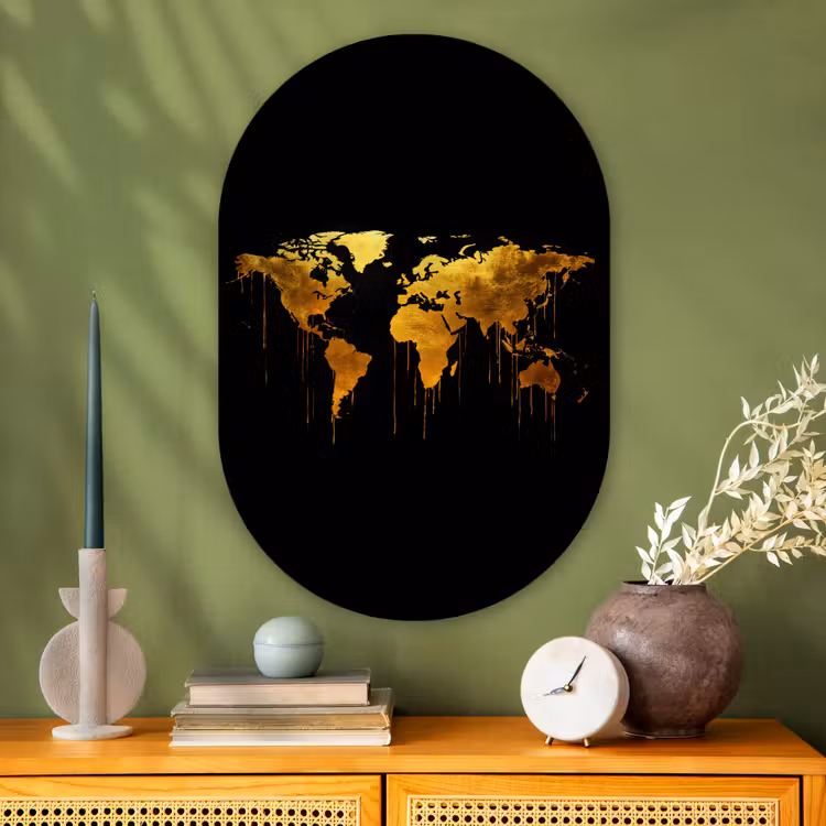 Wereldkaart - Goud - Druipen - Zwart Wandcirkel Ovaal Glas middel -sfeer2