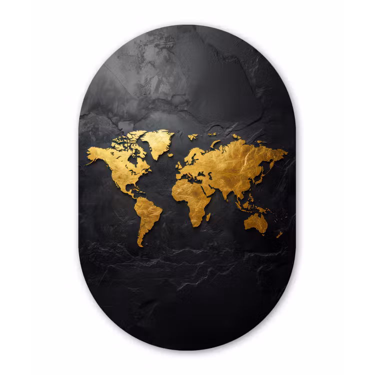 Wereldkaart - Goud - Steen Wandcirkel Ovaal Glas middel -3d