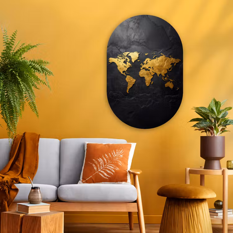 Wereldkaart - Goud - Steen Wandcirkel Ovaal Glas middel -sfeer4