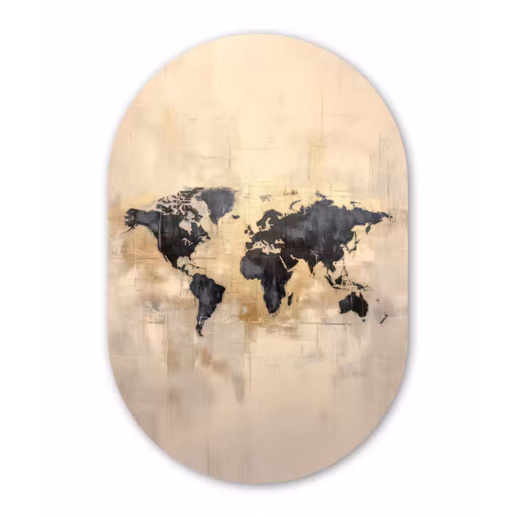 Wereldkaart - Goud - Zwart - Abstract Wandcirkel Ovaal Glas middel -3d