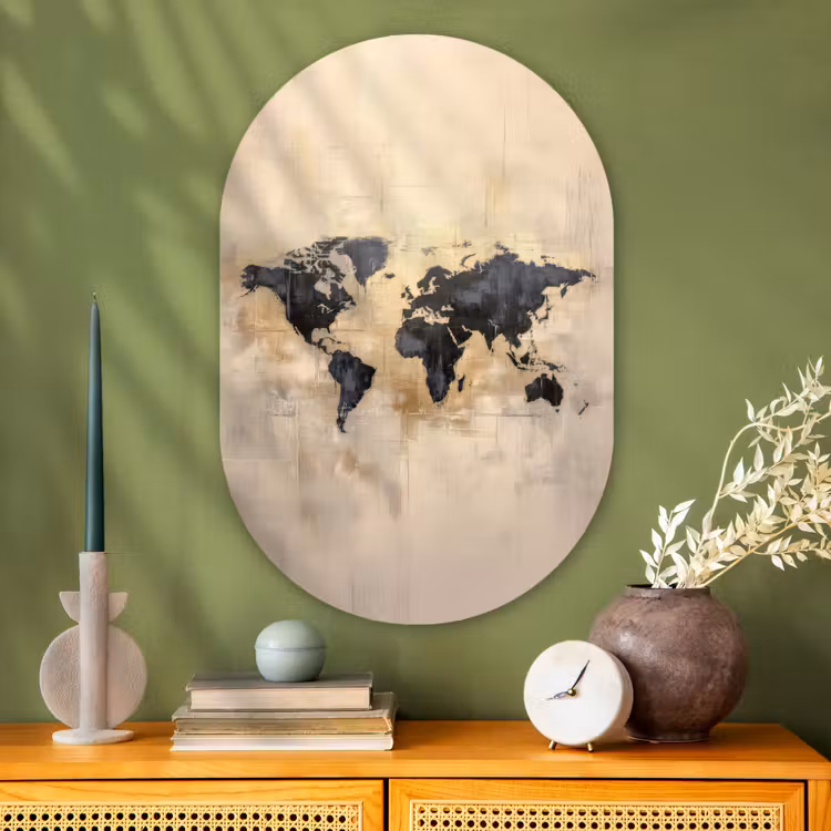 Wereldkaart - Goud - Zwart - Abstract Wandcirkel Ovaal Glas middel -sfeer2