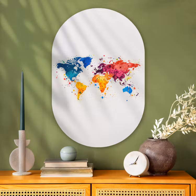 Wereldkaart - Graffiti - Kleurrijk Wandcirkel Ovaal Glas middel -sfeer2