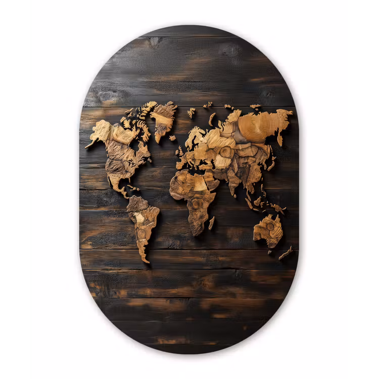 Wereldkaart - Hout - Mozaïek Wandcirkel Ovaal Glas middel -3d