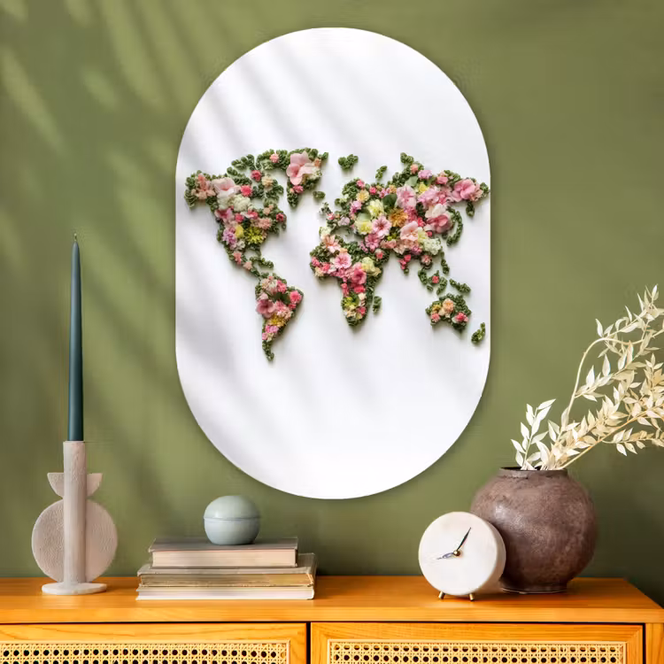 Wereldkaart - Kleurrijk - Bloemen - Lente Wandcirkel Ovaal Glas middel -sfeer2
