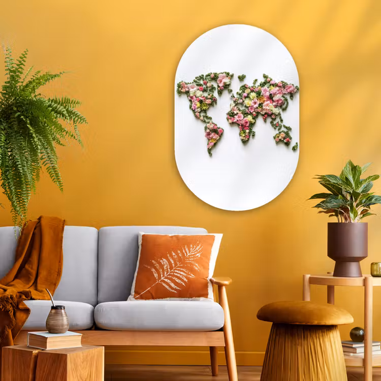 Wereldkaart - Kleurrijk - Bloemen - Lente Wandcirkel Ovaal Glas middel -sfeer4