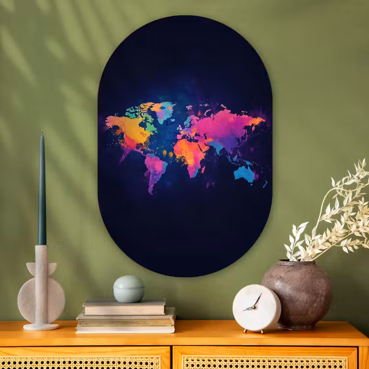 Wereldkaart - Kleurrijk - Graffiti Wandcirkel Ovaal Glas middel -sfeer2