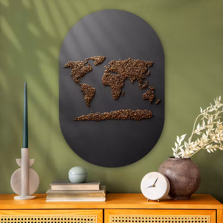 Wereldkaart - Koffie - Grijs Wandcirkel Ovaal Glas middel -sfeer2