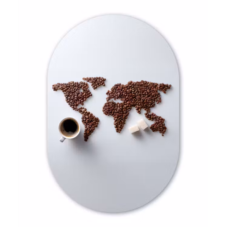 Wereldkaart - Koffiebonen - Suikerklontjes Wandcirkel Ovaal Glas middel -3d