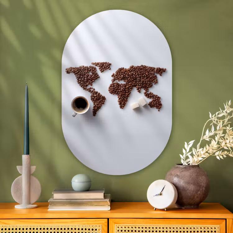 Wereldkaart - Koffiebonen - Suikerklontjes Wandcirkel Ovaal Glas middel -sfeer2