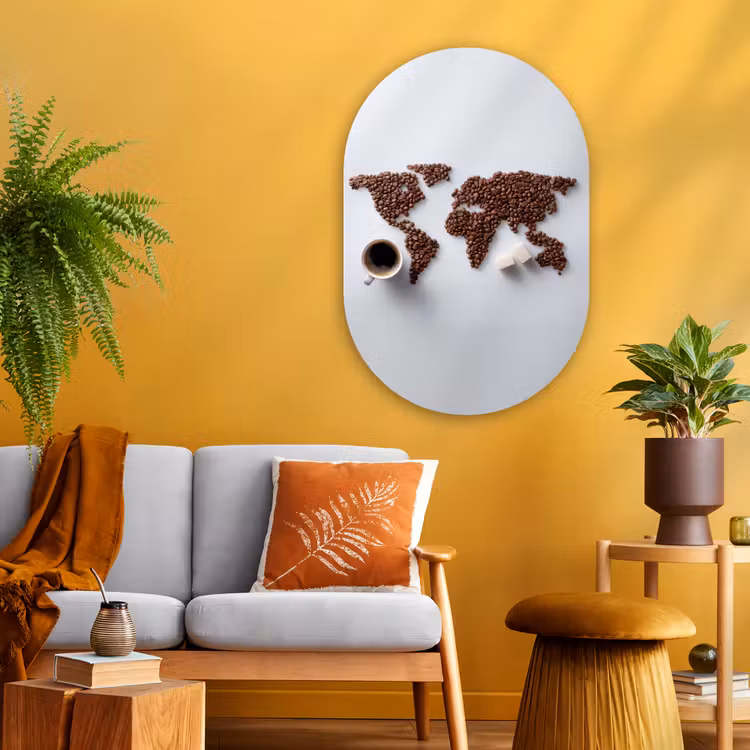 Wereldkaart - Koffiebonen - Suikerklontjes Wandcirkel Ovaal Glas middel -sfeer4