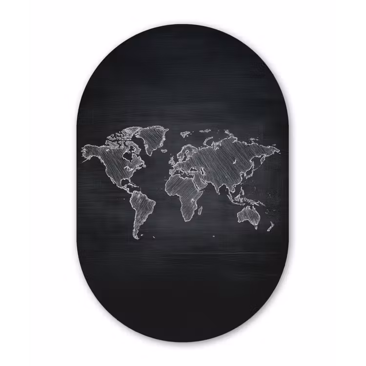 Wereldkaart - Krijt - Zwart - minimalistisch Wandcirkel Ovaal Glas middel -3d